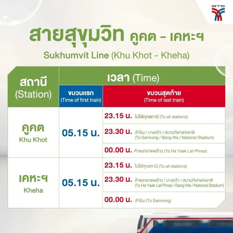 Bangkok BTS Green Line Timetable - Sukhumvit Line